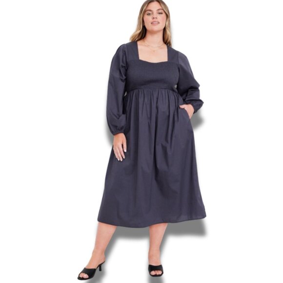 Old Navy Fit & Flare Cotton Smocked Midi Dress XXL Navy Peasant Boho Casual - Picture 1 of 11